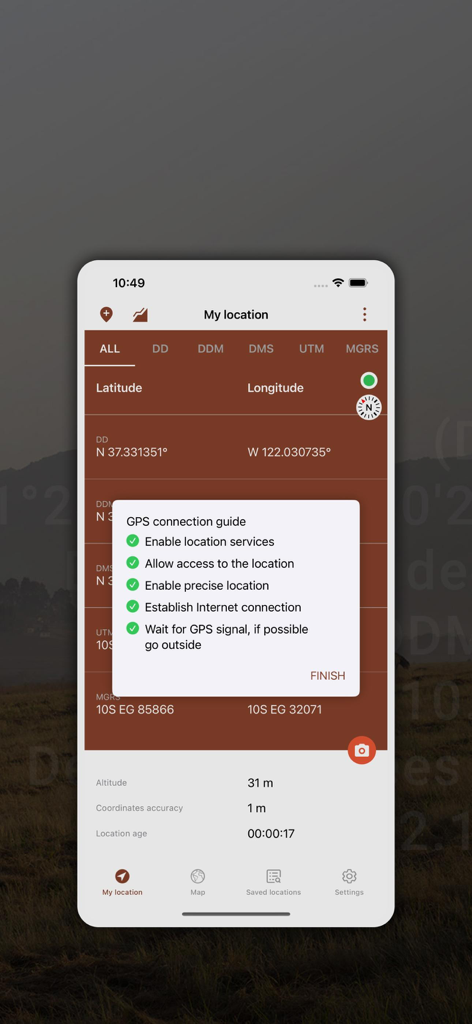 My GPS Coordinates Lite app screenshot showing the My Location screen with a GPS connection guide popup