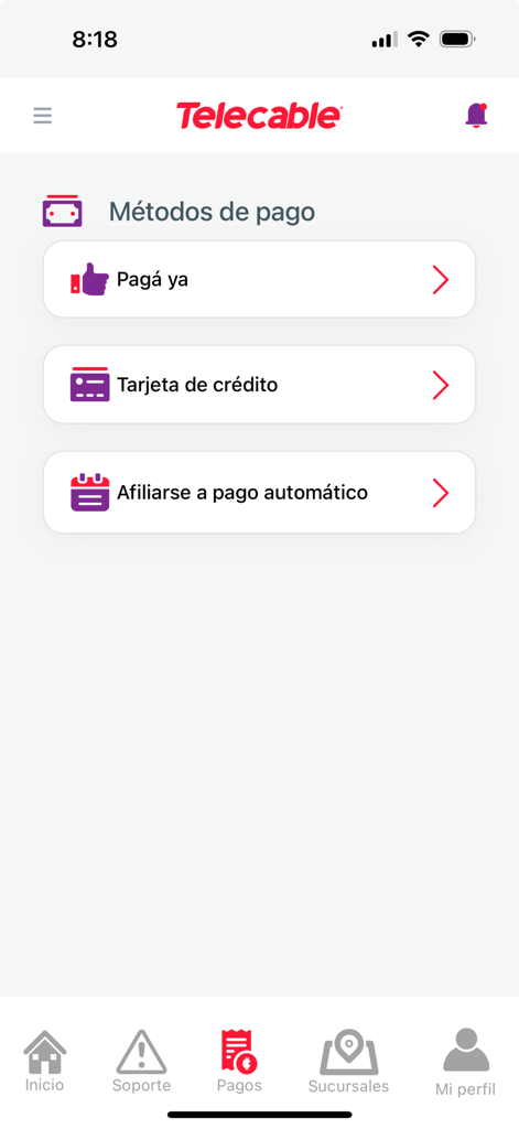Pantalla de la aplicación móvil de Telecable mostrando opciones de métodos de pago como pagar ahora, tarjeta de crédito e inscripción en pago automático.