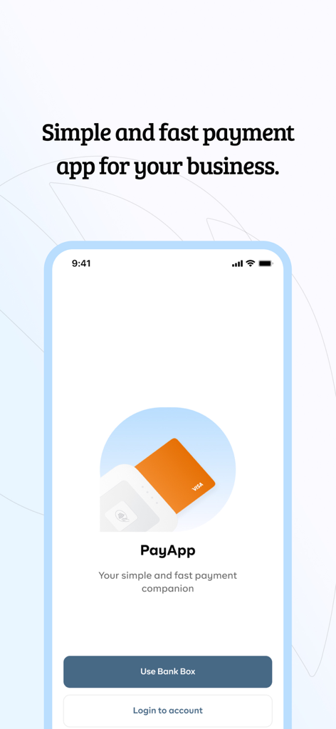BankBox: PayApp - BankBox PayApp welcome screen displaying a mobile payment solution for businesses