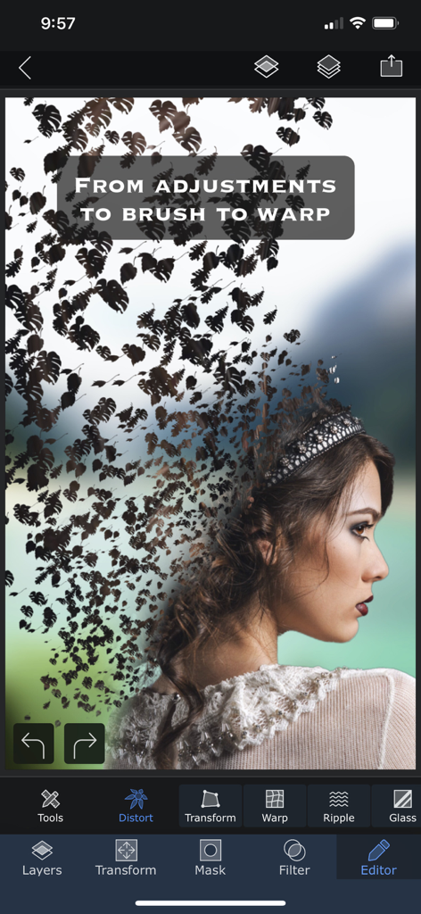 A surrealist photo edit of a woman profile dissolving into leaf shapes using the Superimpose X warp and distortion tools