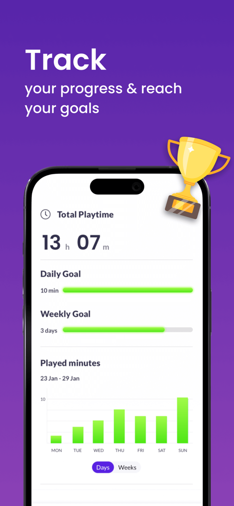 Schermata delle statistiche di pratica nell'app tuba tonestro che mostra il tempo totale di gioco e gli obiettivi giornalieri