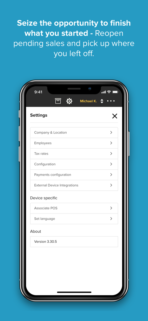 Point of Sale (POS) - Settings menu of the Erply Point of Sale app showing business and employee configuration