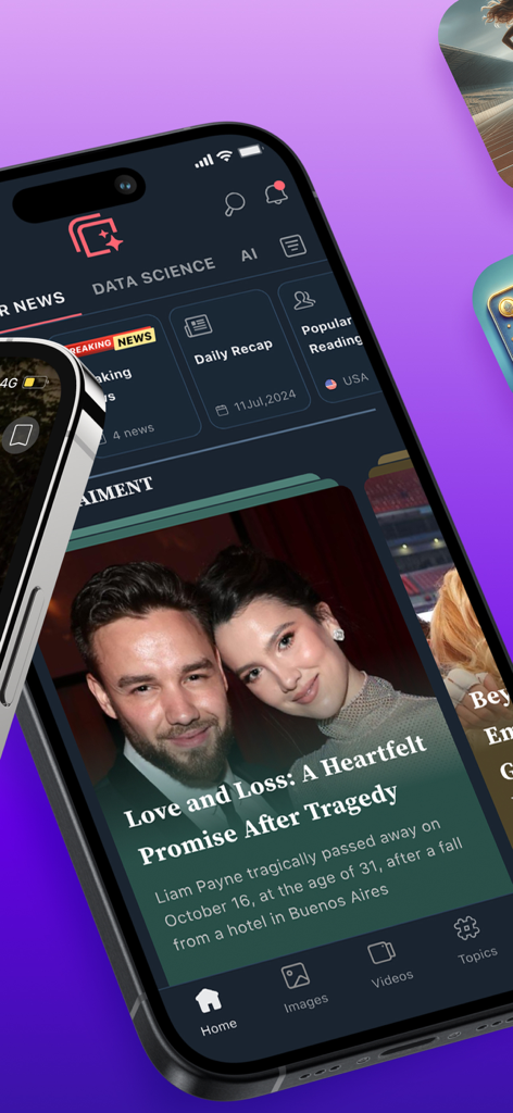 NewsCvg: World News Coverage - 어두운 테마 레이아웃의 속보 및 AI 요약을 특징으로 하는 NewsCvg 모바일 앱 인터페이스