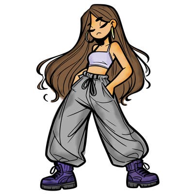 girl in baggy pants crop top and long hair