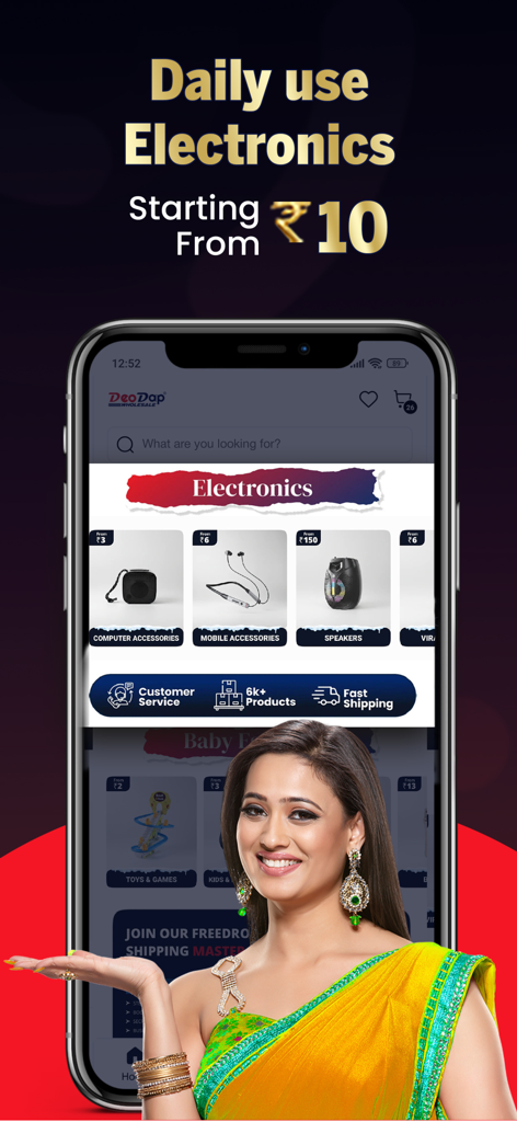 DeoDap DropShipping Wholesale - Captura de tela do aplicativo DeoDap exibindo eletrônicos a partir de 10 rúpias com uma mulher de sari