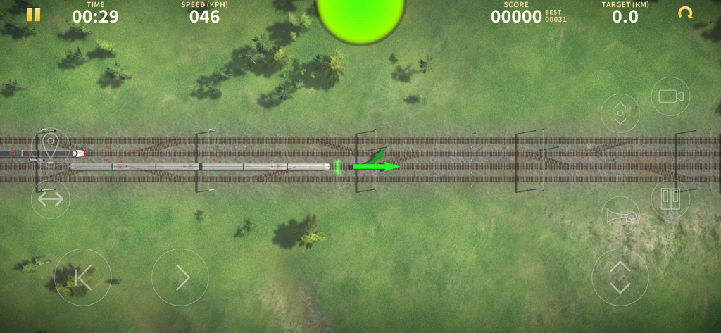 Electric Trains - Top down gameplay view of a passenger train navigating tracks in Electric Trains simulation