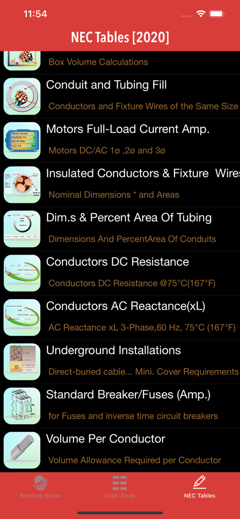 Base Electrician Tools - A menu of NEC 2020 electrical tables within the Base Electrician Tools app including conduit fill and motor current calculations.