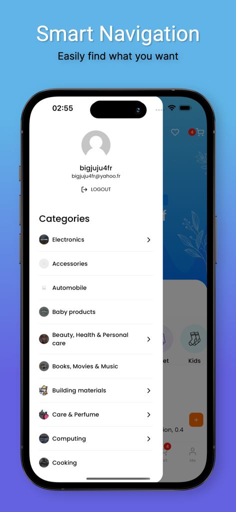 Afrosmartshop Cameroon - Afrosmartshop app interface showing a side menu with shopping categories like electronics automobile and building materials