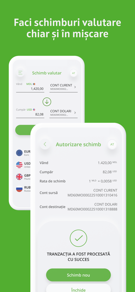 OTP Mobile Banking Moldova - Interface of the OTP Mobile Banking Moldova app showing foreign currency exchange from MDL to USD with a success confirmation screen