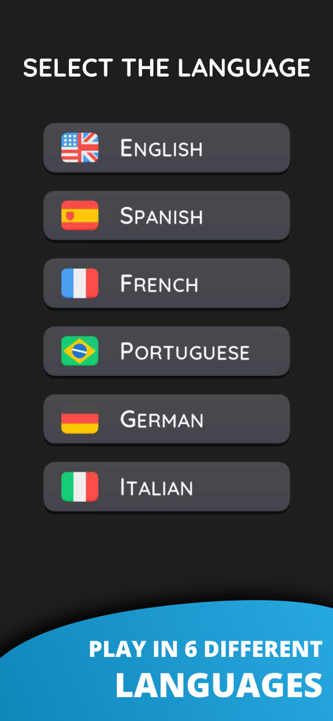 Wordling・Brain Word Game - Wordling脳単語ゲームの言語選択画面、英語、スペイン語、フランス語など6つの異なる言語オプションが表示されています。
