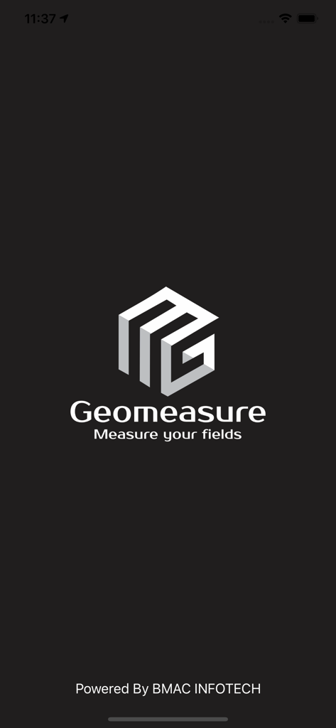 Pantalla de inicio de la calculadora de áreas Geo Measure con logotipo y eslogan Mida sus campos