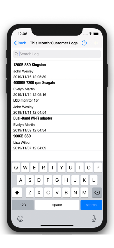 Customer Management - Contacts - Liste des journaux clients montrant les noms des clients et les détails des interactions