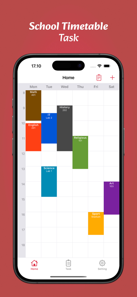 School Timetable & Task - Interface of the School Timetable and Task app showing a color coded weekly class schedule on a mobile screen