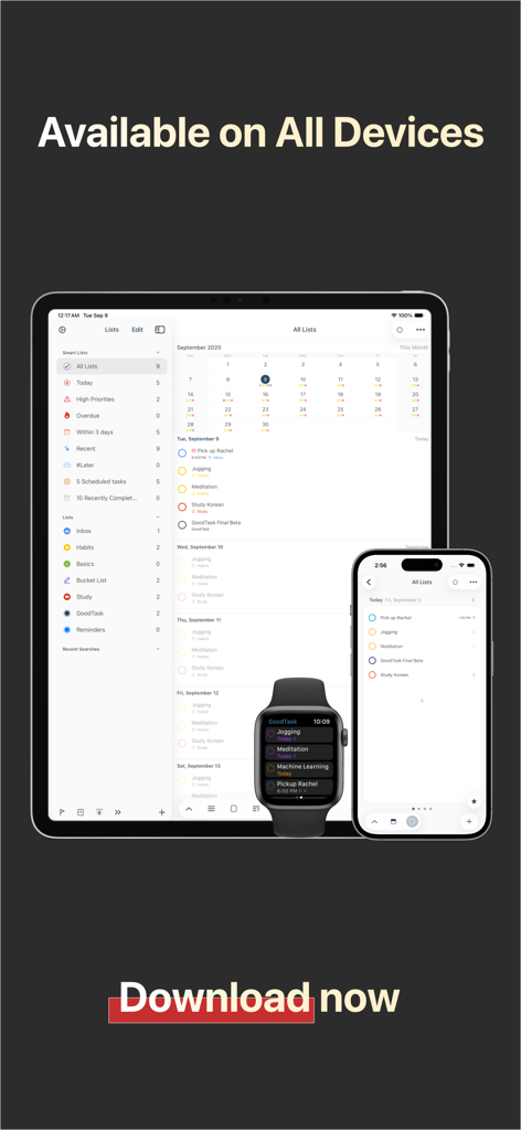 GoodTask Produktivitäts-App-Interface auf iPad, iPhone und Apple Watch.