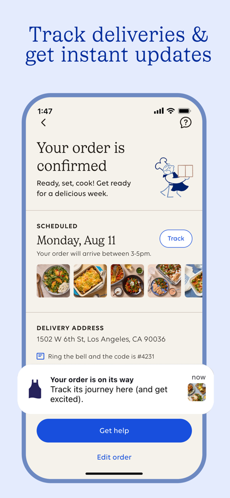 Blue Apron: Meal Kit Delivery - Blue Apron mobile app screen for tracking meal kit deliveries and order status.