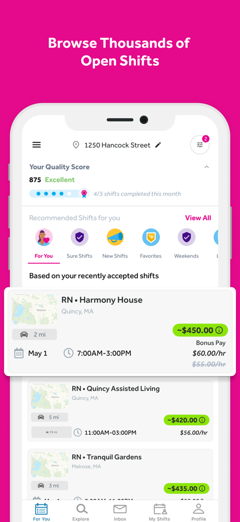 IntelyCare - Nursing Jobs - IntelyCare app interface showing a list of available nursing shifts with hourly pay rates and locations