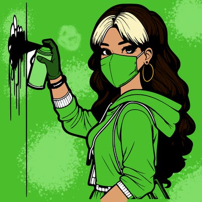 realistic girl with mask spray painting a wall