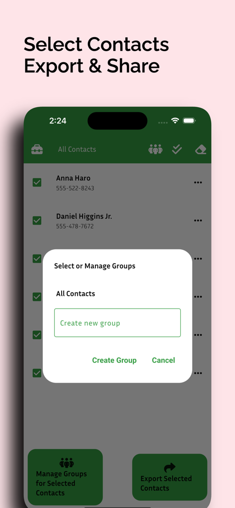 iPhone-App-Bildschirm mit Kontaktauswahl und einem Popup zum Erstellen oder Verwalten von Kontaktgruppen für den CSV-Export