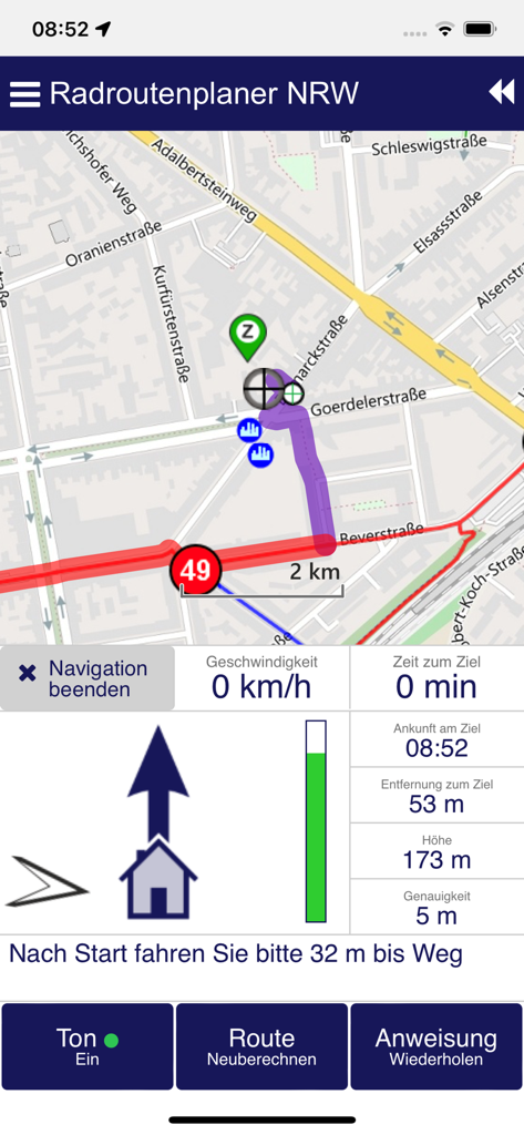 Radroutenplaner NRW mobil - Un écran de navigation cyclable montrant un itinéraire sur la carte et les données du trajet dans l'application Radroutenplaner NRW.