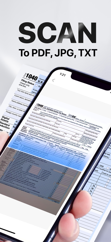 iPhone-Bildschirm zeigt eine Scanner-App, die ein US-Steuerformular 1040 mit automatischer Kantenerkennung erfasst.