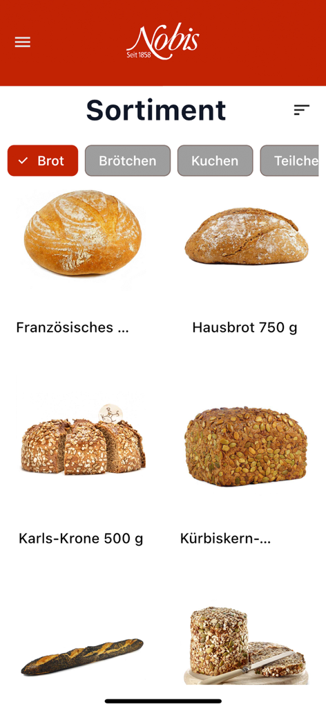 Nobis Printen - Mobile app interface showing a catalog of traditional German breads from Nobis Printen.
