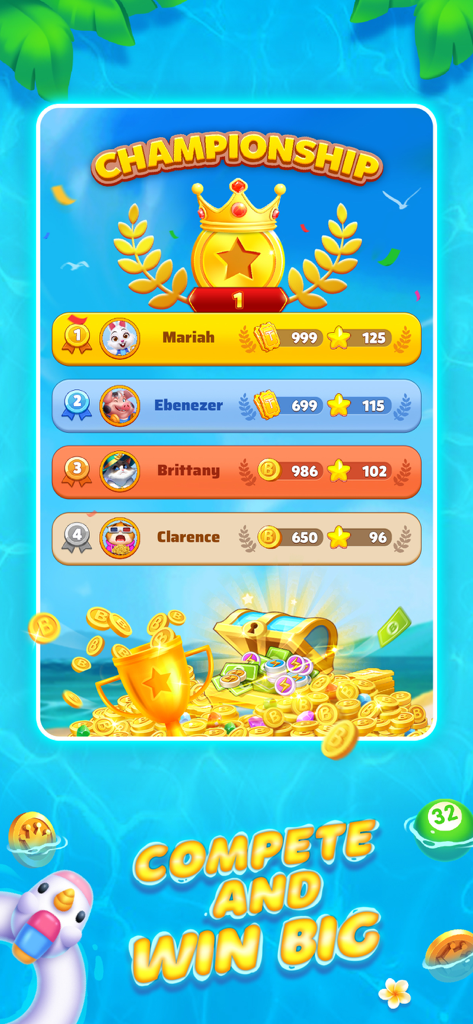 Bingo Island-Fun Family Bingo - トッププレイヤーとコインでいっぱいの宝箱が表示された、ビンゴアイランドのチャンピオンシップリーダーボード。