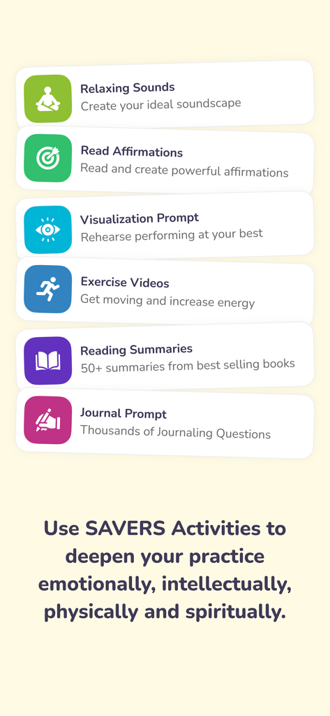 Miracle Morning Routine - リラクゼーションサウンド、アファメーションの読み上げ、エクササイズビデオなど、6つのSAVERSアクティビティを示すミラクルモーニングアプリのインターフェース。