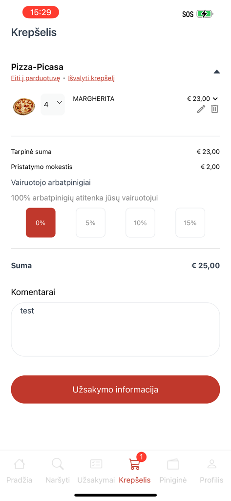 Pantalla del carrito de compras de la aplicación NORI Delivery que muestra un pedido de pizza y los detalles del pago.