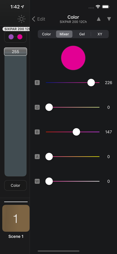 Luminair - Interface de mélange de couleurs de l'application Luminair affichant des curseurs RVB et un sélecteur de couleur magenta pour le contrôle professionnel de l'éclairage DMX.