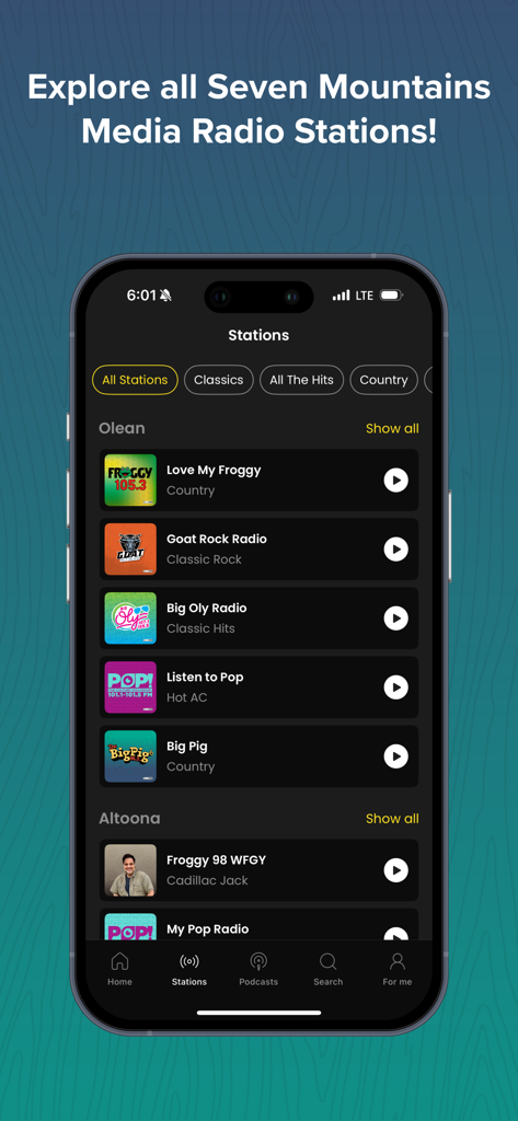 Mobile screen showing a list of local radio stations in the Big Pig app organized by region and genre.