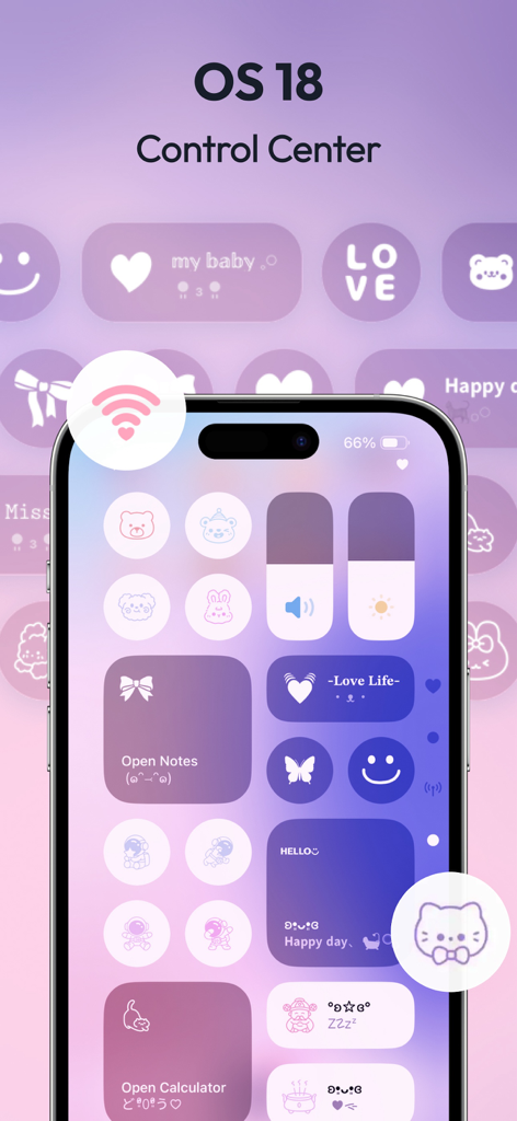 Mico app interface showing a custom purple aesthetic iOS 18 control center with cute icons and widgets