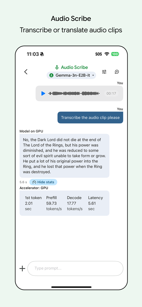 Google AI Edge Gallery - Interface of the Google AI Edge Gallery app showing the Audio Scribe feature with local audio transcription and performance benchmarks.