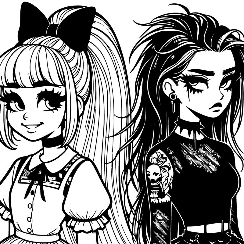 two girls facing back to back, the first one with a high ponytail & abow wearing cute clothe and has freckles and juicy lips and she is smiling a little while the other is wearing goth clothes with her hair down and a lice cap and she looks ahead with no emotions and a slight frown