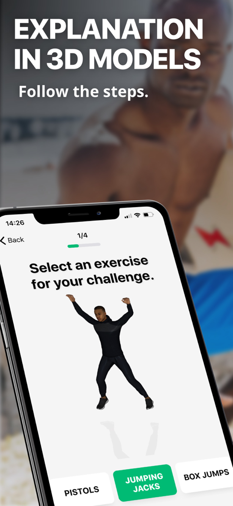 30 Day Fitness Workout at Home - Smartphone screen showing a 3D animation of jumping jacks in a home workout app.