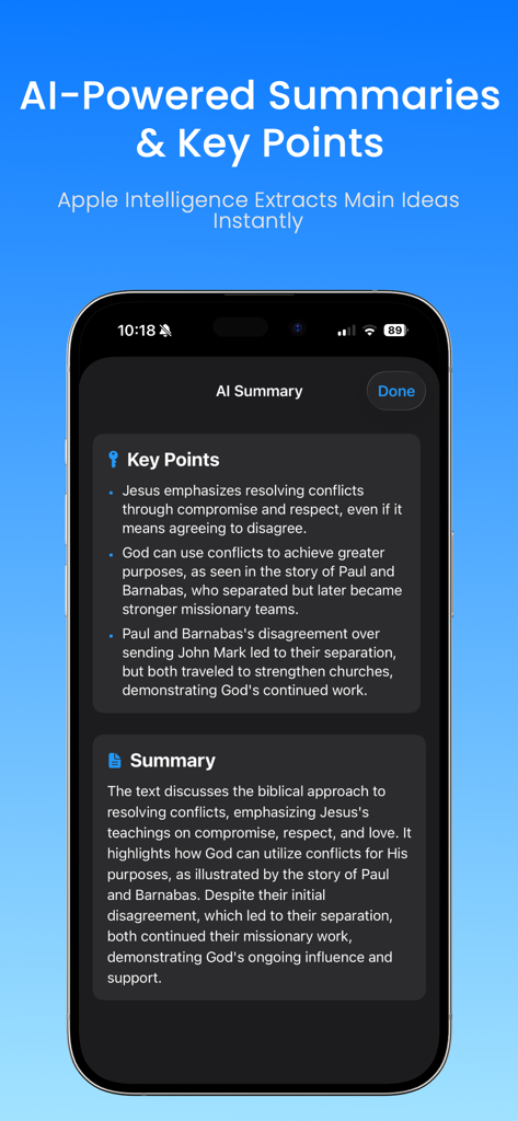 Scholarly - Smart Reading AI - Smartphone screen showing AI-powered summaries and key points in the Scholarly reading app.