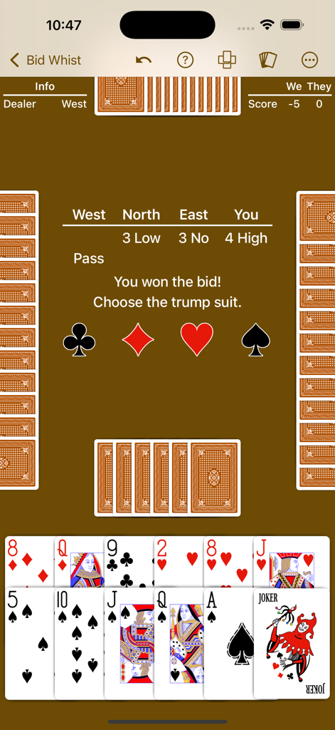 Bid Whist - Expert AI - Bid Whist mobile app gameplay showing a prompt to choose the trump suit after winning a bid.