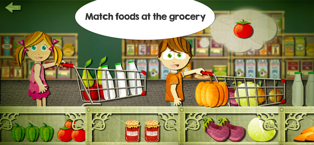 Beck and Bo - Toddler Puzzles - Personajes de Beck and Bo emparejando alimentos en una tienda de comestibles en un juego de rompecabezas para niños pequeños.