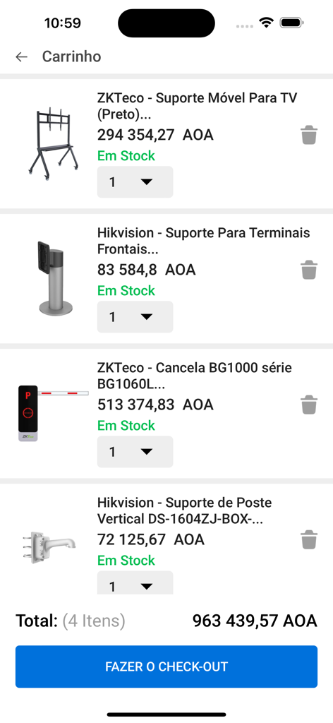 Buitanda app shopping cart showing wholesale security and technical equipment with total price in Angolan Kwanzas.