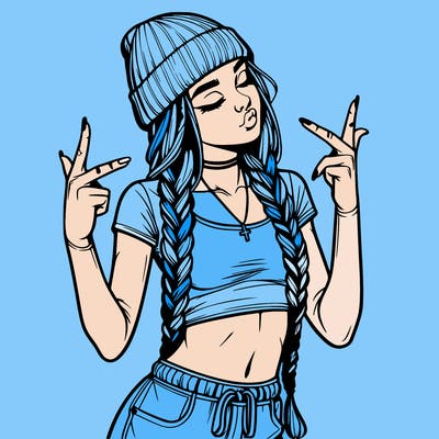 realistic teenage girl with braids and a beanie and crop top doing 🫶🏼