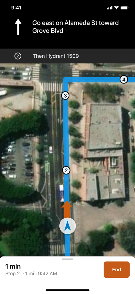ArcGIS Navigator - Satellite map view in ArcGIS Navigator showing turn by turn directions to a specific field asset