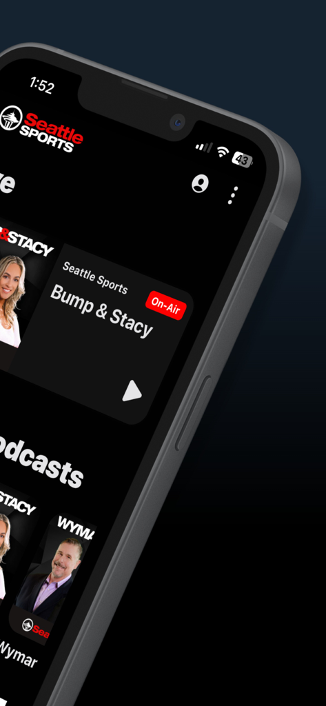 Seattle Sports 710 AM - Seattle Sports 710 AM app interface showing live radio shows and podcasts