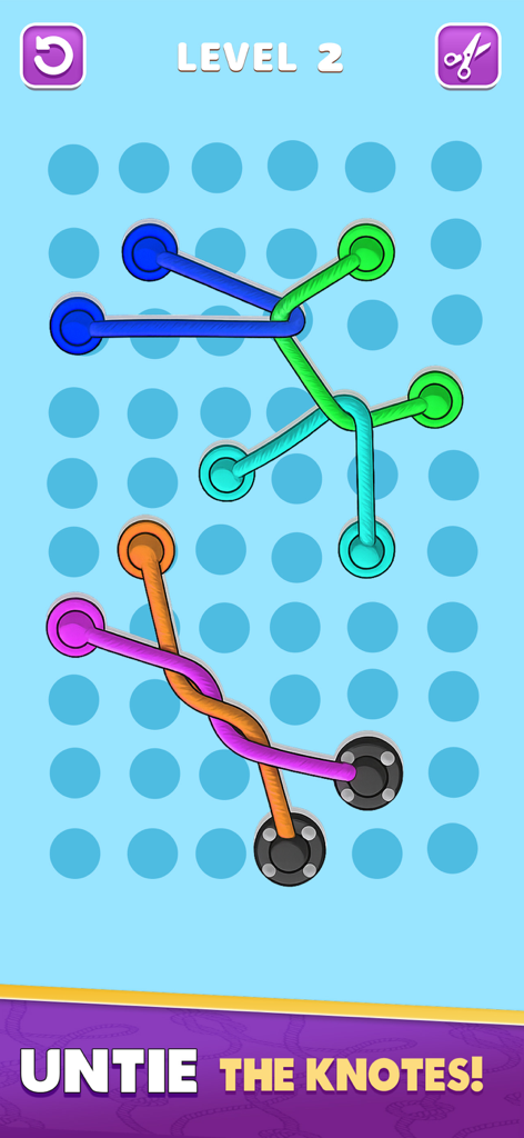 Untangle Twisted Rope Game - Screenshot of Level 2 in Untangle Twisted Rope Game showing colorful tangled ropes on a blue grid background.
