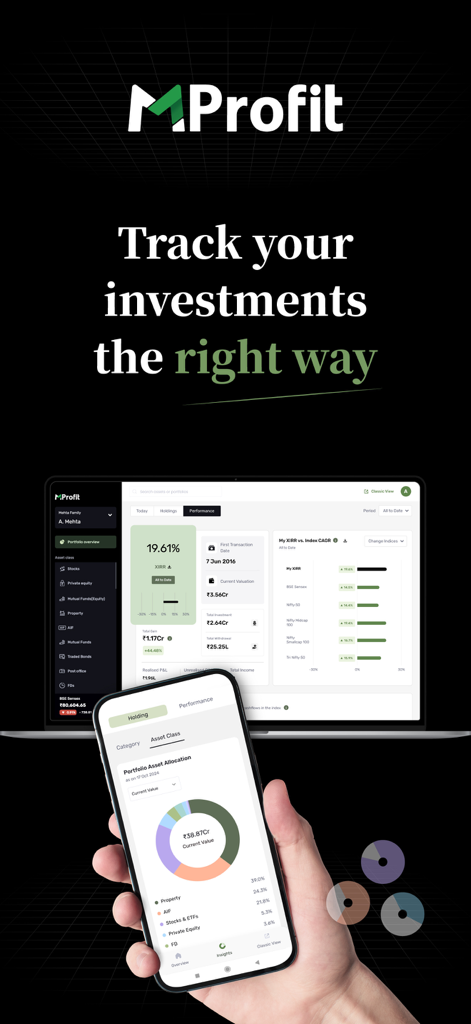 MProfit - MProfit mobile and desktop app dashboard displaying investment portfolio tracking and asset allocation charts