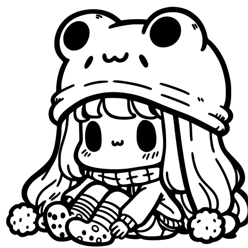 a girl wearing a frog hat with frog socks