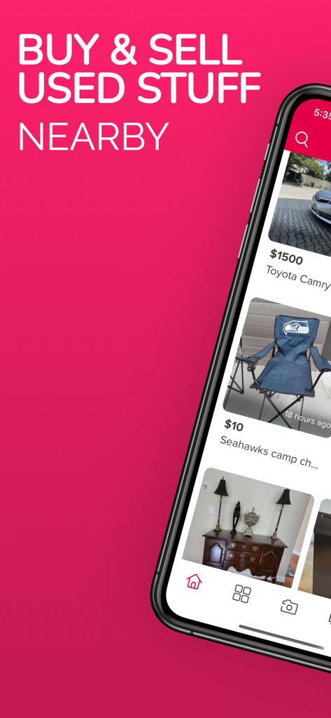 Marketplace: Buy & Sell Tradet - Tradet Marketplace app interface showing the slogan buy and sell used stuff nearby with local product listings for a car and furniture