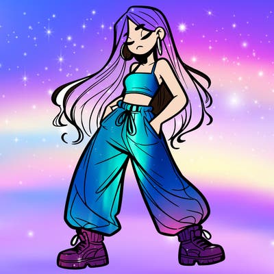 girl in baggy pants crop top and long hair