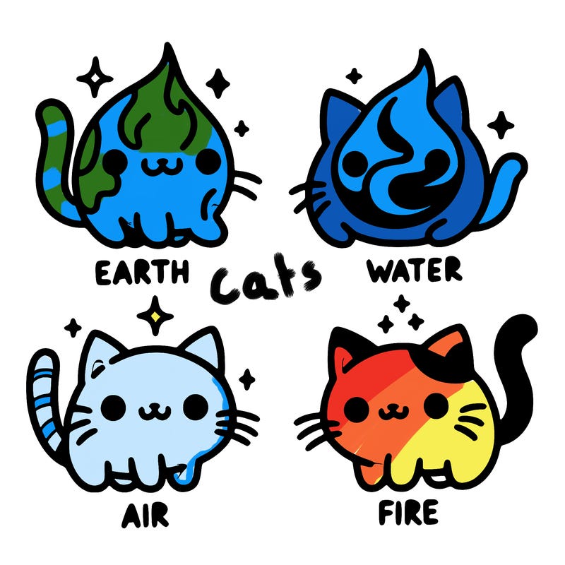 4 cats that represent the different elements, earth, water, air, and fire