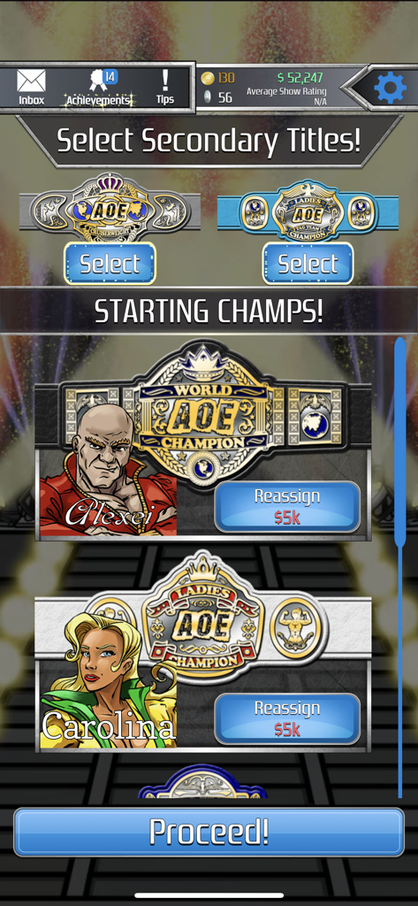 Starting champions and title selection screen in Modern Mania Wrestling GM