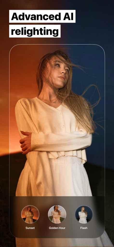 Portrait of a woman showing the advanced AI relighting feature in the Fuzion app