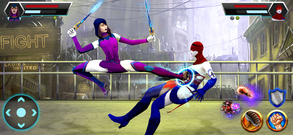 Kung Fu Karate - Fighting Game - Una artista marcial femenina realizando una patada voladora contra un oponente en un entorno urbano